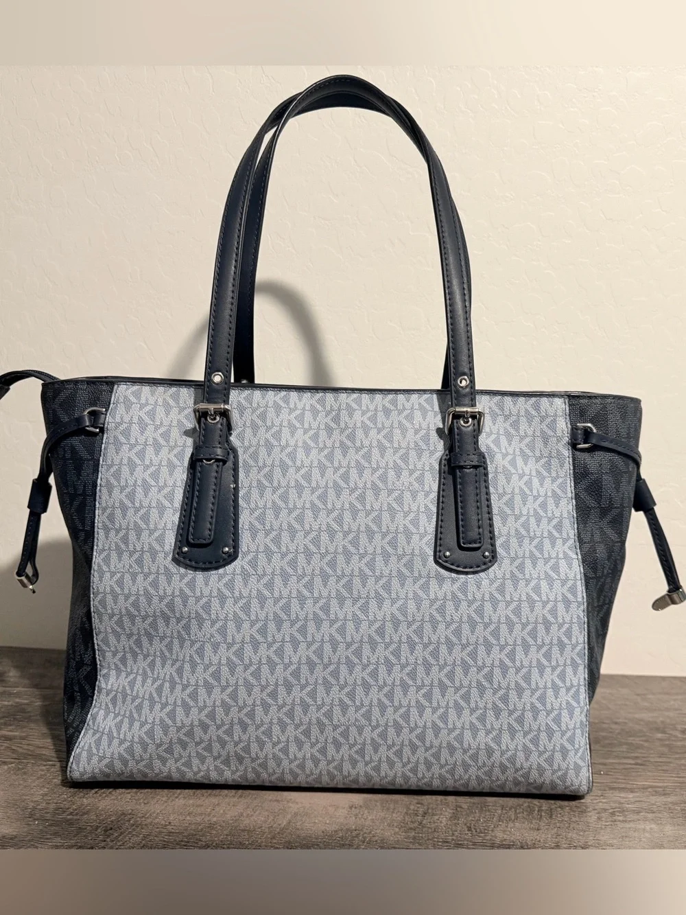 Michael Kors Light Blue MK Logo Tote with Navy Trim